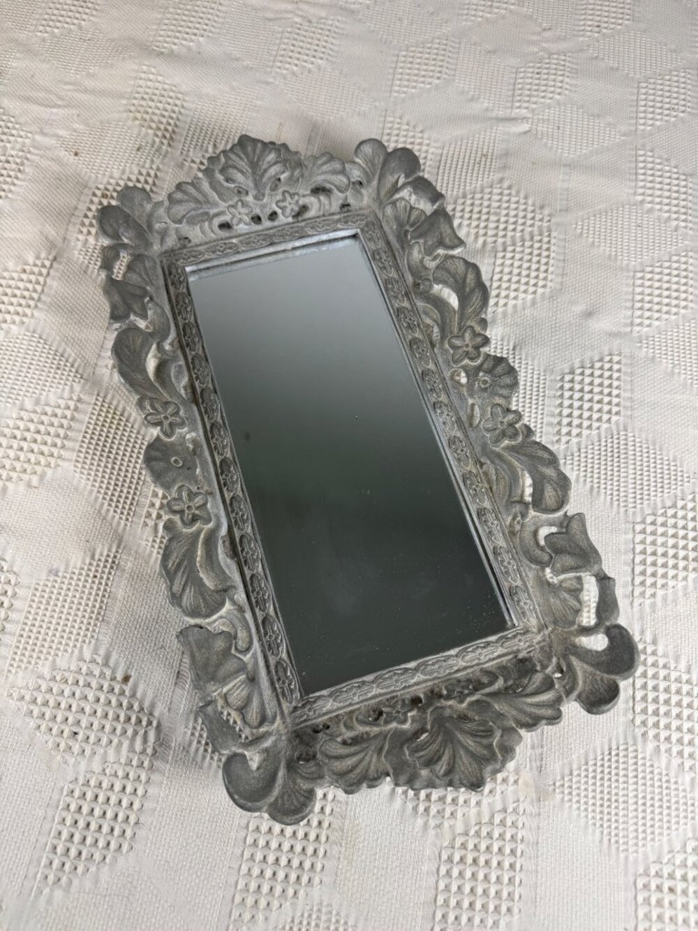 Gray Floral Carved Wood Mirrored Decorative Tray Rectangular Vintage Style